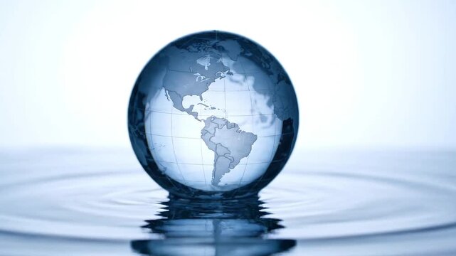 Glass globe of earth resting on a reflective liquid surface world planet sphere map geography