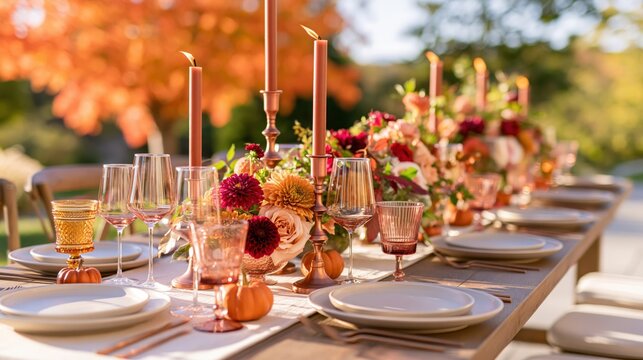 Autumn table setting with white plates, copper candlesticks, floral centerpiece, and small pumpkins under warm golden hour light outdoors