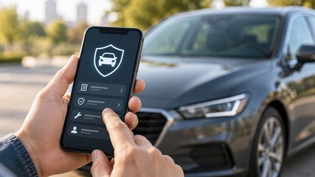 Hand holding a smartphone with a digital car insurance interface in front of a parked vehicle, representing online coverage, mobile policy management, financial protection and auto insurance.