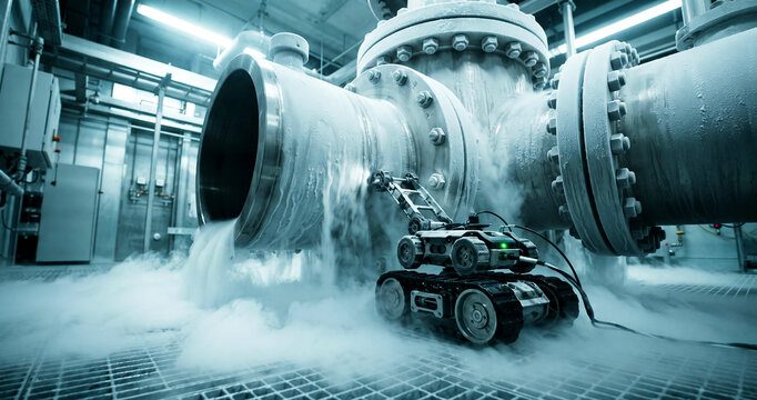 Tracked inspection robot crawling beside frosted industrial pipe with flowing cold vapor, cryogenic plant maintenance and automation