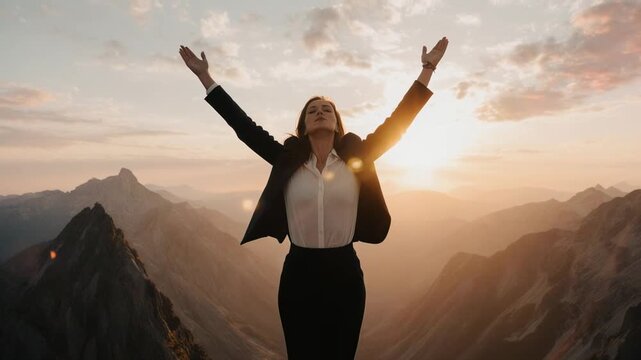 Businesswoman arms outstretched towards golden sunset over misty mountain range cinematic motion