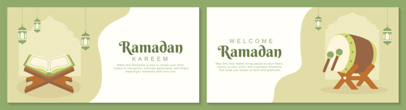 Ramadan landscape banners with open Quran on stand and bedug drum