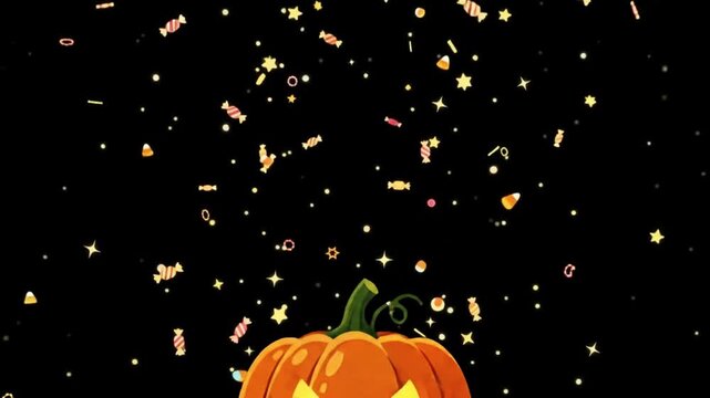 Animated halloween background with a glowing pumpkin spider webs bats and falling candy on a black backdrop with floating elements pumpkin