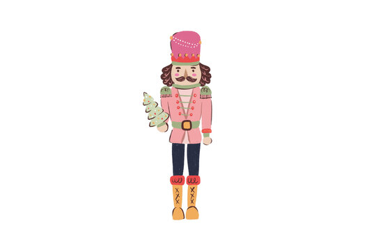 Cute Christmas Nutcracker Toy Soldier Holding a Small Pine Tree Illustration Design