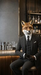 Naklejka premium Sophisticated Anthropomorphic Fox Dressed in an Elegant Charcoal Tailored Suit Sitting at a Pub Bar