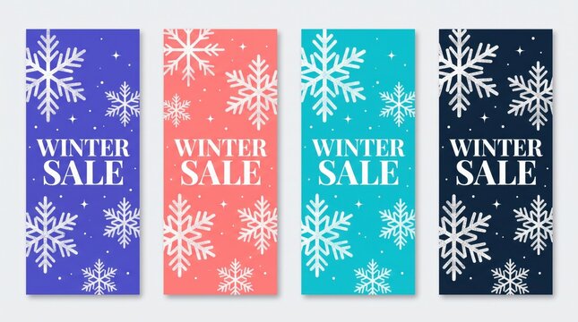 Winter sale poster set with snowflake patterns in four colors. Four vertical flat design banners side by side in blue-violet, coral pink, turquoise and dark navy, each decorated with large textured