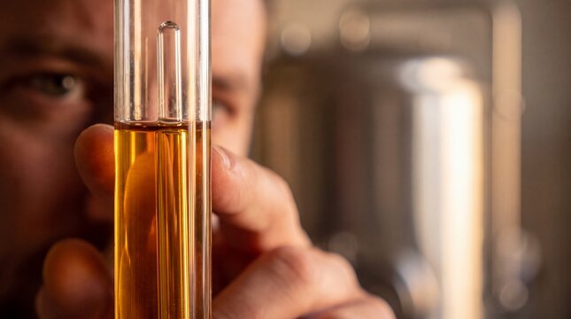 Home Brewer Reading Floating Hydrometer in Sample of Amber Wort