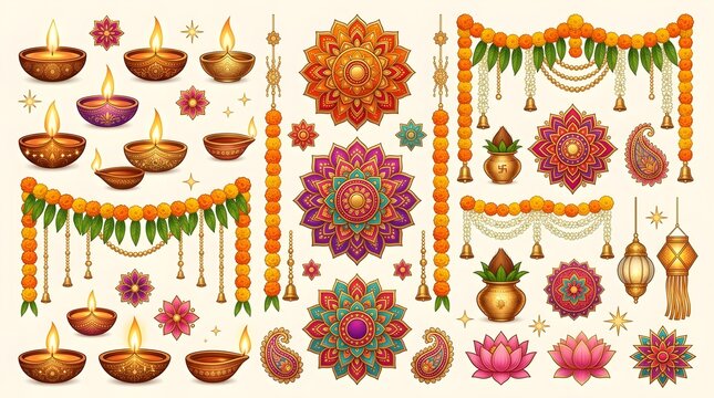 Colorful Diwali Decoration Elements Set with Traditional Diyas, Rangoli Mandalas, Marigold Garlands and Indian Festival Ornaments