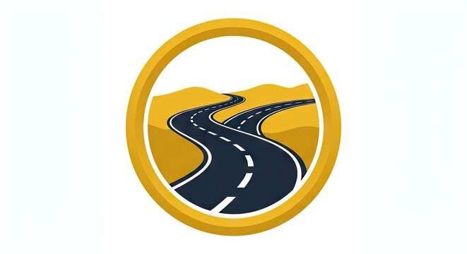 Winding asphalt road in yellow circle badge icon
