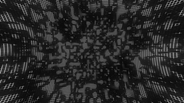 Black and white abstract digital grid tunnel with glowing lines and futuristic geometric patterns