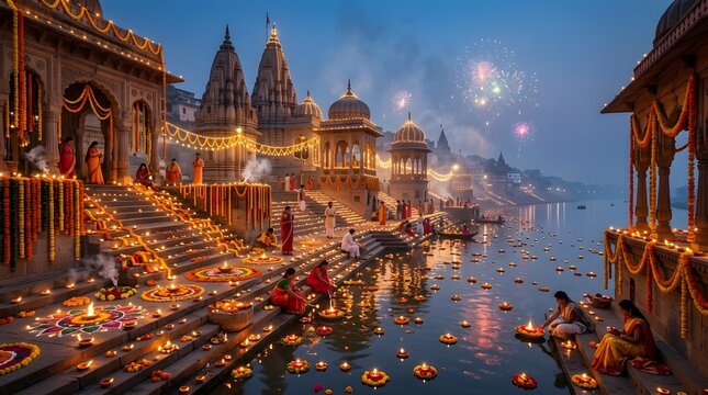 Diwali Festival Celebration at Varanasi Ghats with Glowing Diyas, Hindu Temples and Fireworks at Night
