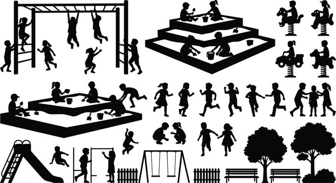 Children playing on playground equipment silhouette vector set featuring swings, slides, sandboxes, and climbing frames