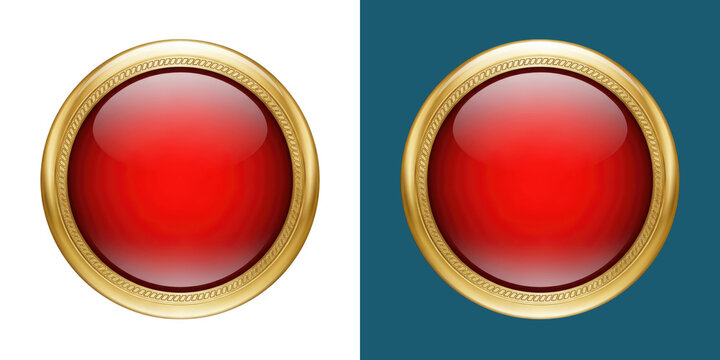 Shiny red circular button with luxury gold frame icon set
