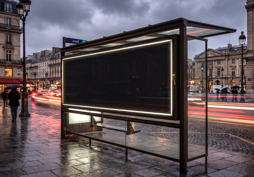 Large horizontal panoramic billboard bus shelter in european city at night Mockup. Generative ai