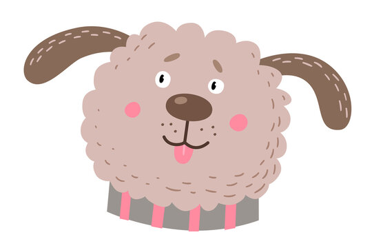 Fluffy dog face with long brown ears, pink cheeks and tongue sticking out. Flat cartoon illustration isolated. Pet and domestic animal concept. Design for poster, print, sticker, card