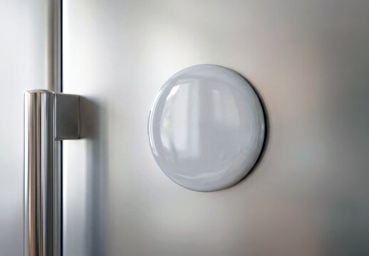 Blank white circular magnet on refrigerator door mockup. Generative ai