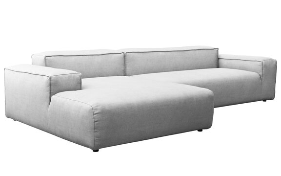 Light gray modular sectional sofa with a left-side chaise lounge, deep seat cushions, wide square armrests and a low contemporary profile, 3D render isolated on a transparent background.
