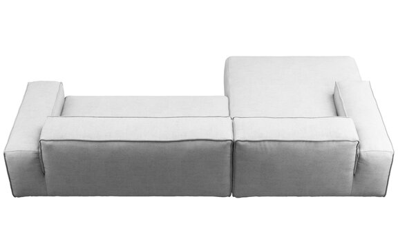 Light gray modular sectional sofa with a left-side chaise lounge, deep seat cushions, wide square armrests and a low contemporary profile, 3D render isolated on a transparent background.