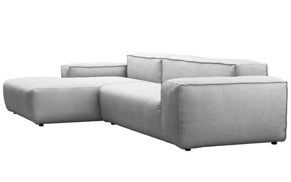 Light gray modular sectional sofa with a left-side chaise lounge, deep seat cushions, wide square armrests and a low contemporary profile, 3D render isolated on a transparent background.