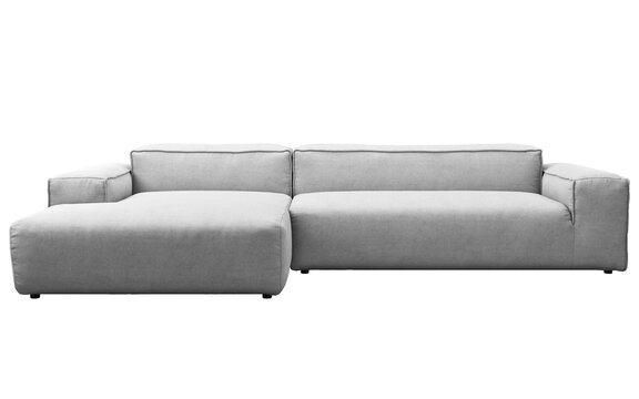 Light gray modular sectional sofa with a left-side chaise lounge, deep seat cushions, wide square armrests and a low contemporary profile, 3D render isolated on a transparent background.