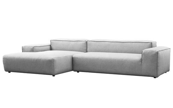 Light gray modular sectional sofa with a left-side chaise lounge, deep seat cushions, wide square armrests and a low contemporary profile, 3D render isolated on a transparent background.