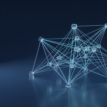 Abstract 3D network structure with interconnected glowing glass cubes and blue light lines on dark background