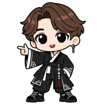 Cute Chibi K-Pop Idol Anime Boy Character Wearing Black Modern Hanbok and Boots Vector Illustration