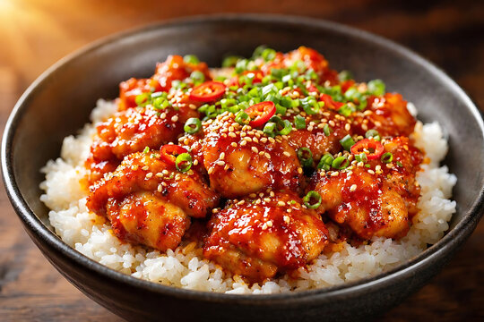 Extremely detailed realistic food photography of a delicious spicy glazed chicken over steamed white rice in a dark bowl with sesame seeds