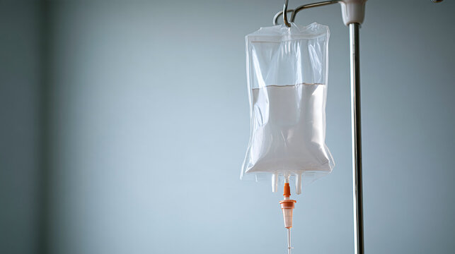 Intravenous saline drip bag hanging on metal stand in hospital room