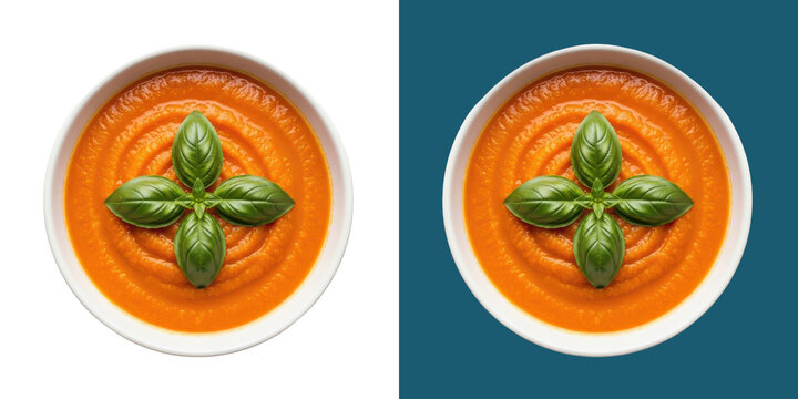Top view of a fresh orange vegetable soup bowl with green basil leaves on top