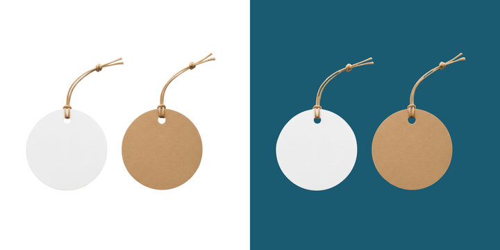 Two round paper price tags with string twine for retail branding and sales