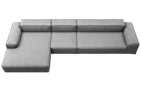 Dark gray modular sectional sofa with a left-side chaise lounge, deep seat cushions, wide square armrests and contrasting gray and geometric accent pillows, 3D render isolated on a transparent backgro