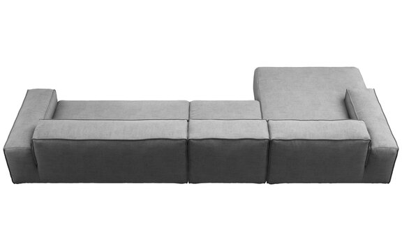 Dark gray modular sectional sofa with a left-side chaise lounge, deep seat cushions, wide square armrests and contrasting gray and geometric accent pillows, 3D render isolated on a transparent backgro