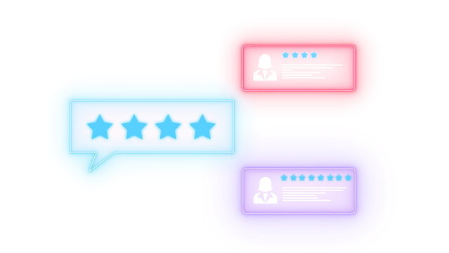 Neon customer review and rating chat bubbles, Glowing neon chat bubbles with star ratings and user profile cards on a transparent background, representing online reviews, customer feedback.