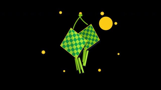 Flat graphic design of woven palm-leaf ketupat diamond pouch performing a double bouncing motion against a transparent background