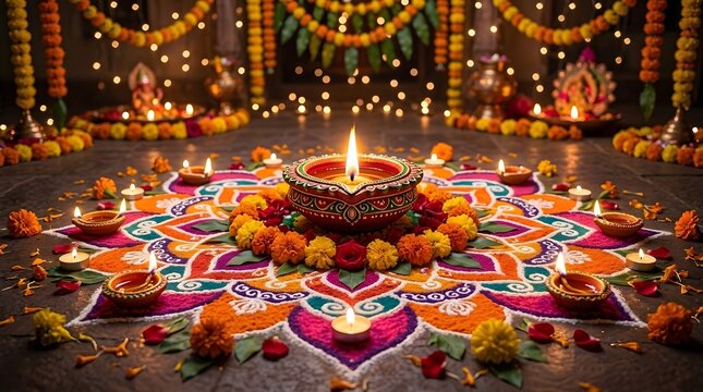 Traditional Diwali Festival Decoration with Colorful Rangoli, Glowing Clay Diyas, Marigold Flowers and Festive Lights