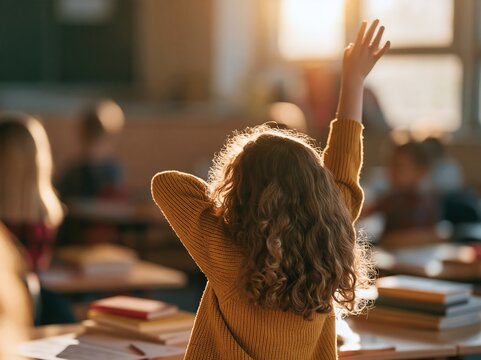 Back view of a young girl raising her hand in a sunny classroom, books on desks, eager learning moment