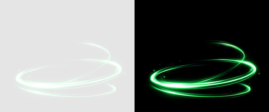 Glowing green light trail spiral on transparent and black background. Abstract neon swirl effect with sparkles. Magic energy motion concept