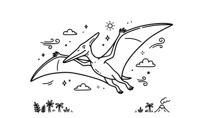 Pterodactyl Flying Prehistoric Reptile Clean Doodle Line Illustration © Yeasin