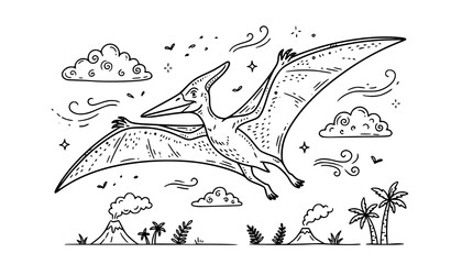 Pterodactyl Flying Prehistoric Reptile Clean Doodle Line Illustration © Yeasin