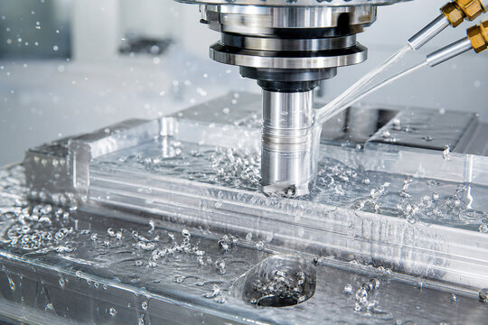 Computer numerical control milling machine cutting aluminum block with coolant spray and metal chips. Precision engineering, industrial manufacturing, machining technology, and automation concept.