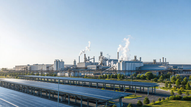 Industrial manufacturing plant with smokestacks, storage tanks, pipelines, and solar panel canopy. Factory infrastructure and renewable energy concept for modern industry and production.