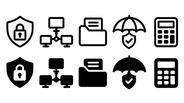 Cyber Insurance paired outline and solid icon set featuring cyber, insurance, shield, network, folder, umbrella, calculator, security, protection and business symbols