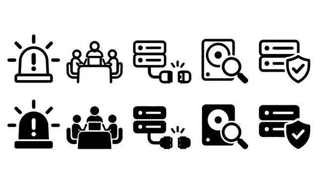 Incident Response paired outline and solid icon set featuring incident, response, alert, meeting, servers, investigation, shield, security, technology and emergency symbols