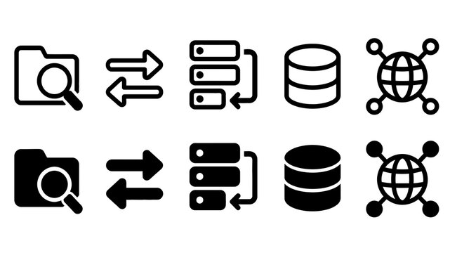 DNS And Networks paired outline and solid icon set featuring dns, networks, search, arrows, servers, database, globe, technology, internet and connection symbols