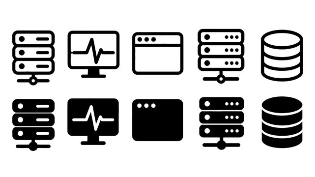 Web Hosting paired outline and solid icon set featuring web, hosting, server, monitor, browser, database, domain, technology, internet and service symbols