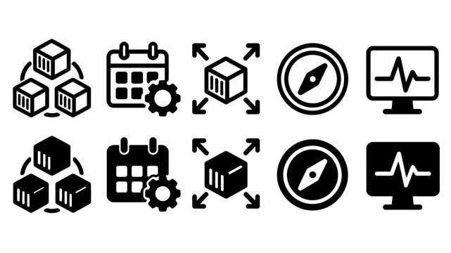 Container Orchestration paired outline and solid icon set featuring container, orchestration, cluster, calendar, scale, compass, monitor, software, technology and management symbols