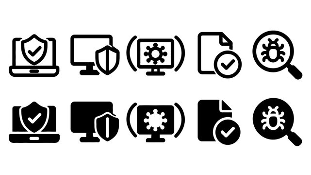 Endpoint Security paired outline and solid icon set featuring endpoint, security, laptop, monitor, bug, document, shield, protection, technology and network symbols