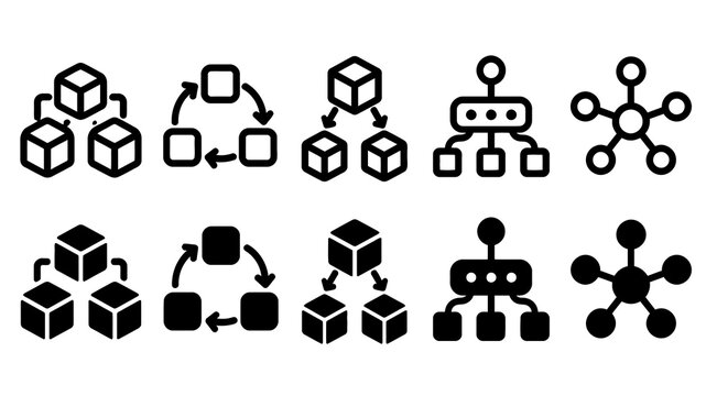 Microservices paired outline and solid icon set featuring microservices, cubes, cycle, hierarchy, network, architecture, containers, software, technology and development symbols