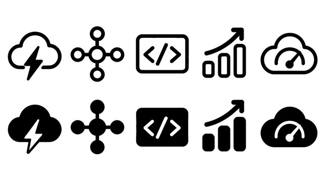 Serverless Computing paired outline and solid icon set featuring serverless, computing, cloud, network, code, growth, gauge, technology, software and development symbols